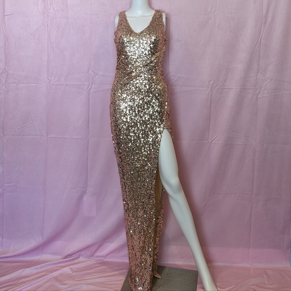 Gold Sequins Asymmetrical V Neck Sleeveless Formal Prom Cocktail Evening Gown M - Picture 1 of 10